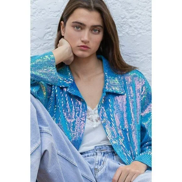 Life's a Party Sequin Button-Up Shirt in Ocean Blue - Picture 7 of 10